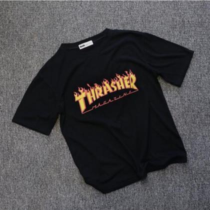 Round Neck Thrasher Print Cotton T-shirt Top
