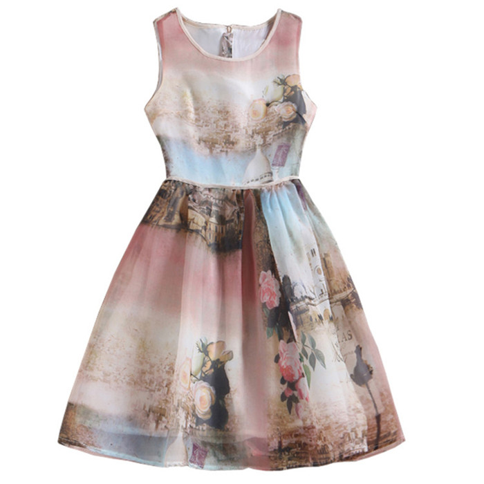 Women's No Sleeves A Shape One-Piece Dress With Rose Flowers Printing ...
